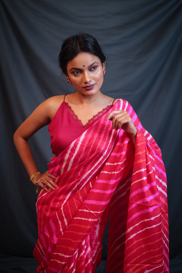 Leheriya - Pink Orange Mulberry Silk Saree