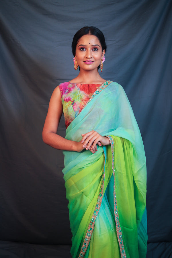 Embroidered Border Ombre Green Chiffon Saree