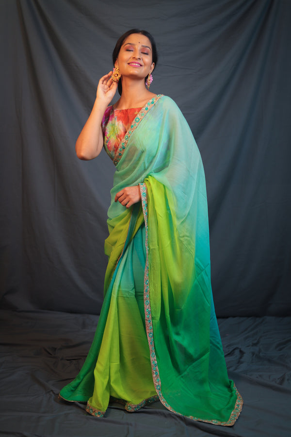 Embroidered Border Ombre Green Chiffon Saree