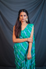 Leheriya - Green White Mulberry Silk Saree