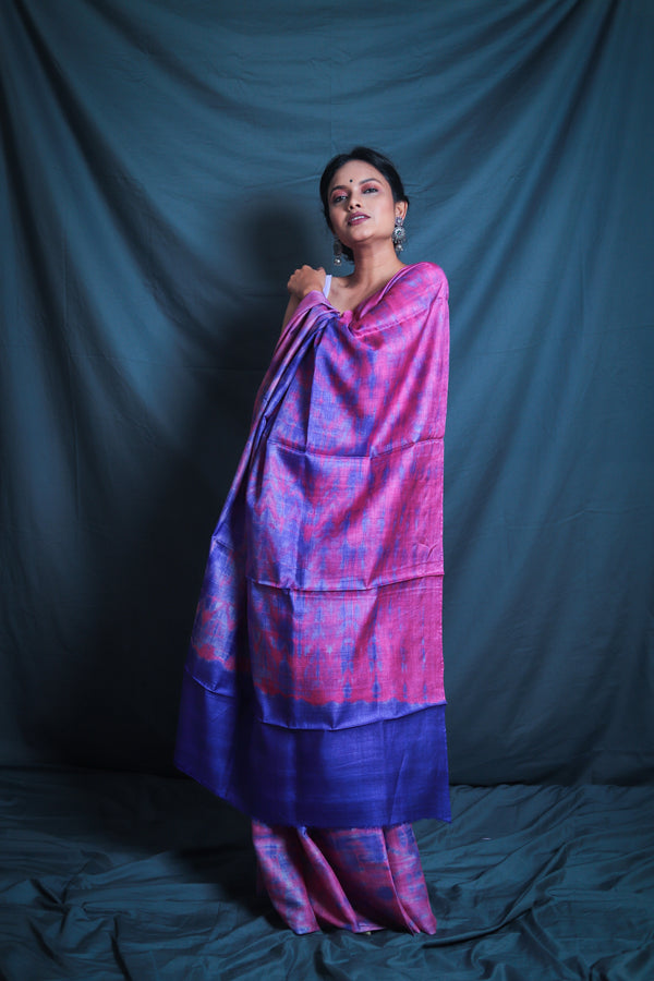 Handloom Leheriya - Violet Pink Tussar Silk Saree