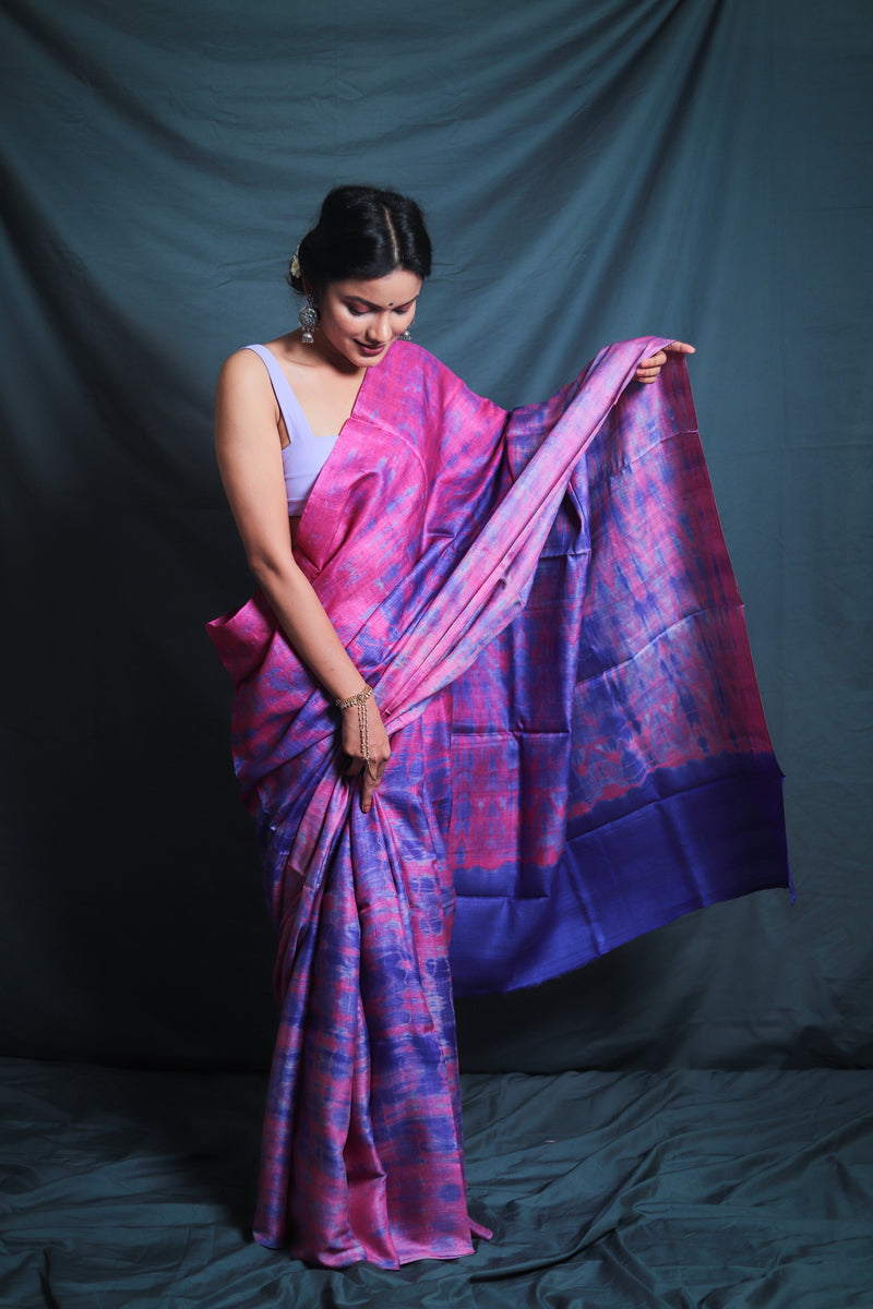 Handloom Leheriya - Violet Pink Tussar Silk Saree