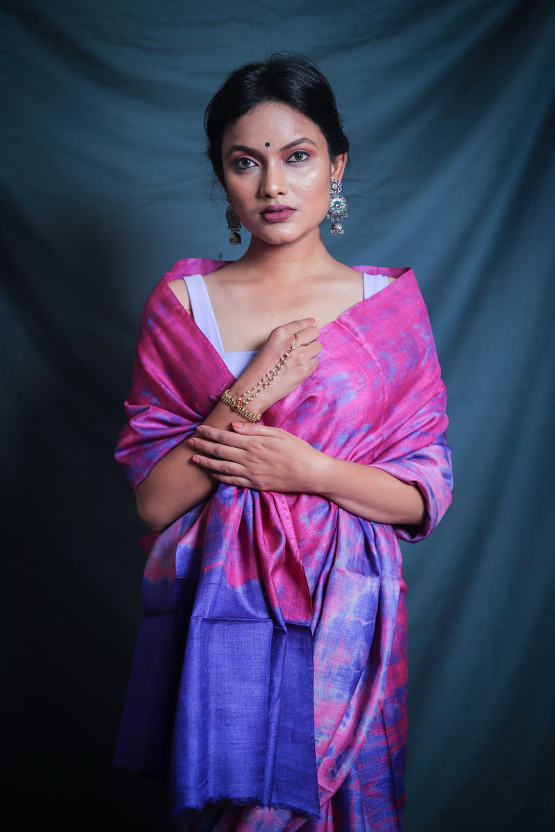 Handloom Leheriya - Violet Pink Tussar Silk Saree