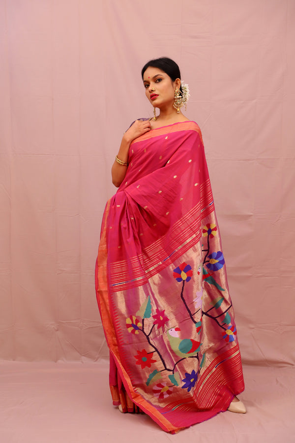 Handwoven Pink & Gold Paithani Saree With Parrot Motifs