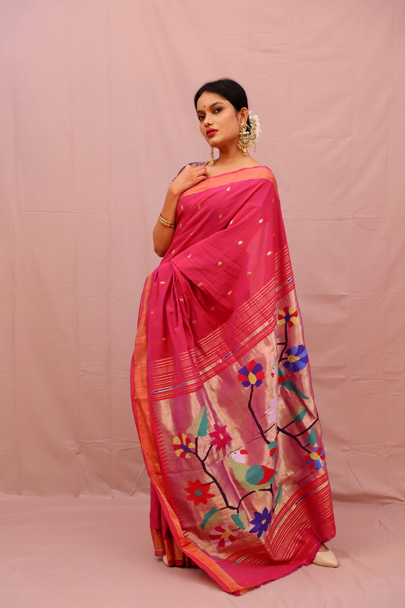 Handwoven Pink & Gold Paithani Saree With Parrot Motifs