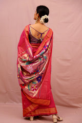 Handwoven Pink & Gold Paithani Saree With Parrot Motifs