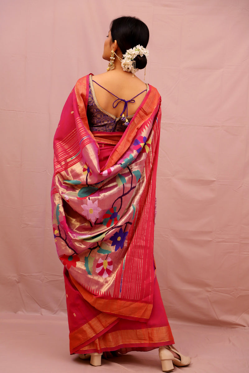 Handwoven Pink & Gold Paithani Saree With Parrot Motifs