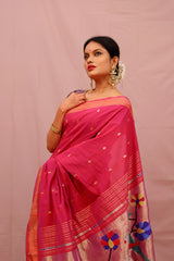 Handwoven Pink & Gold Paithani Saree With Parrot Motifs