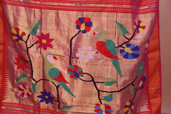 Handwoven Pink & Gold Paithani Saree With Parrot Motifs