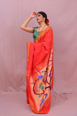 Handwoven Tomato Red & Gold Paithani Saree With Peacock Motifs