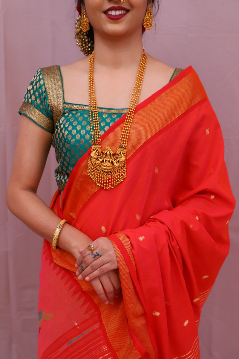 Handwoven Tomato Red & Gold Paithani Saree With Peacock Motifs