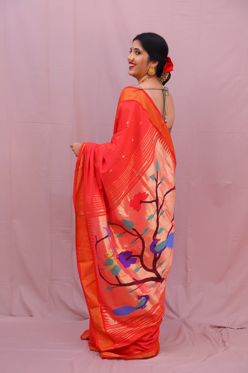 Handwoven Tomato Red & Gold Paithani Saree With Peacock Motifs