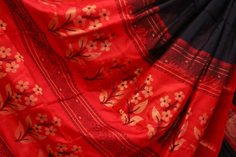 Handwoven Black & Red Muslin Jamdani Saree