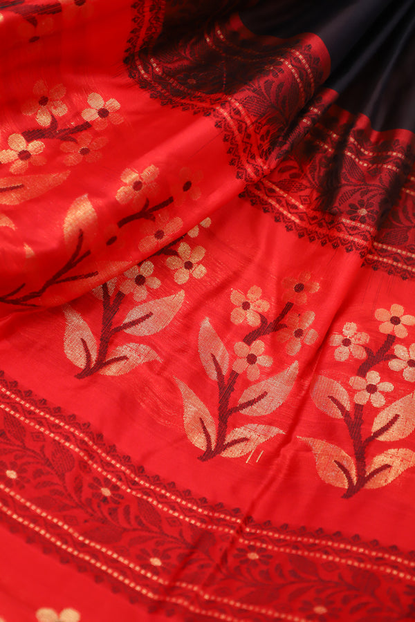 Handwoven Black & Red Muslin Jamdani Saree