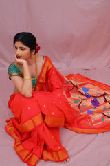 Handwoven Tomato Red & Gold Paithani Saree With Peacock Motifs