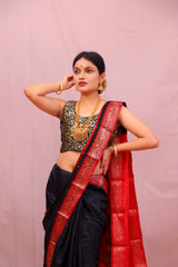 Handwoven Black & Red Muslin Jamdani Saree