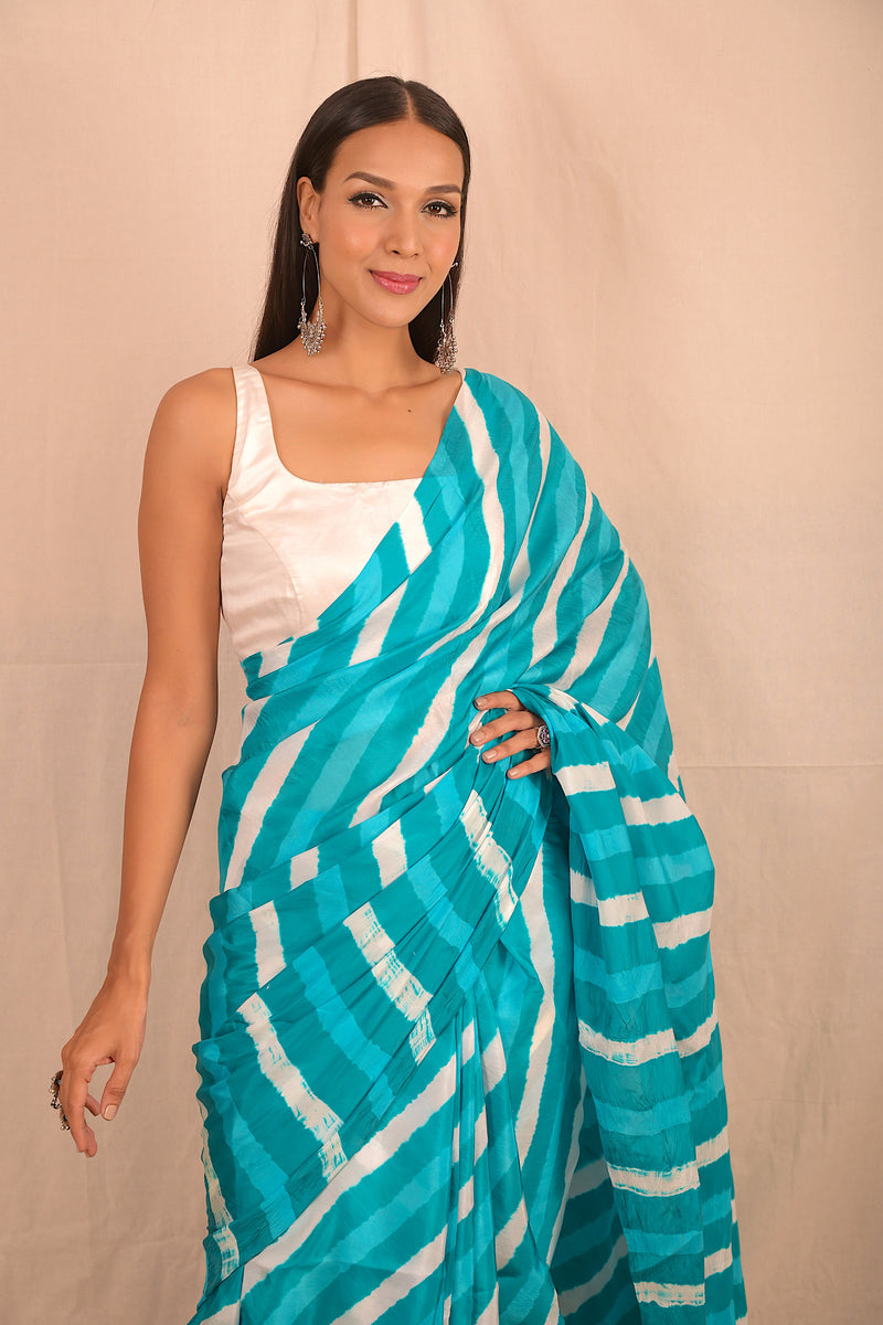 Leheriya - Blue White Mulberry Silk Saree