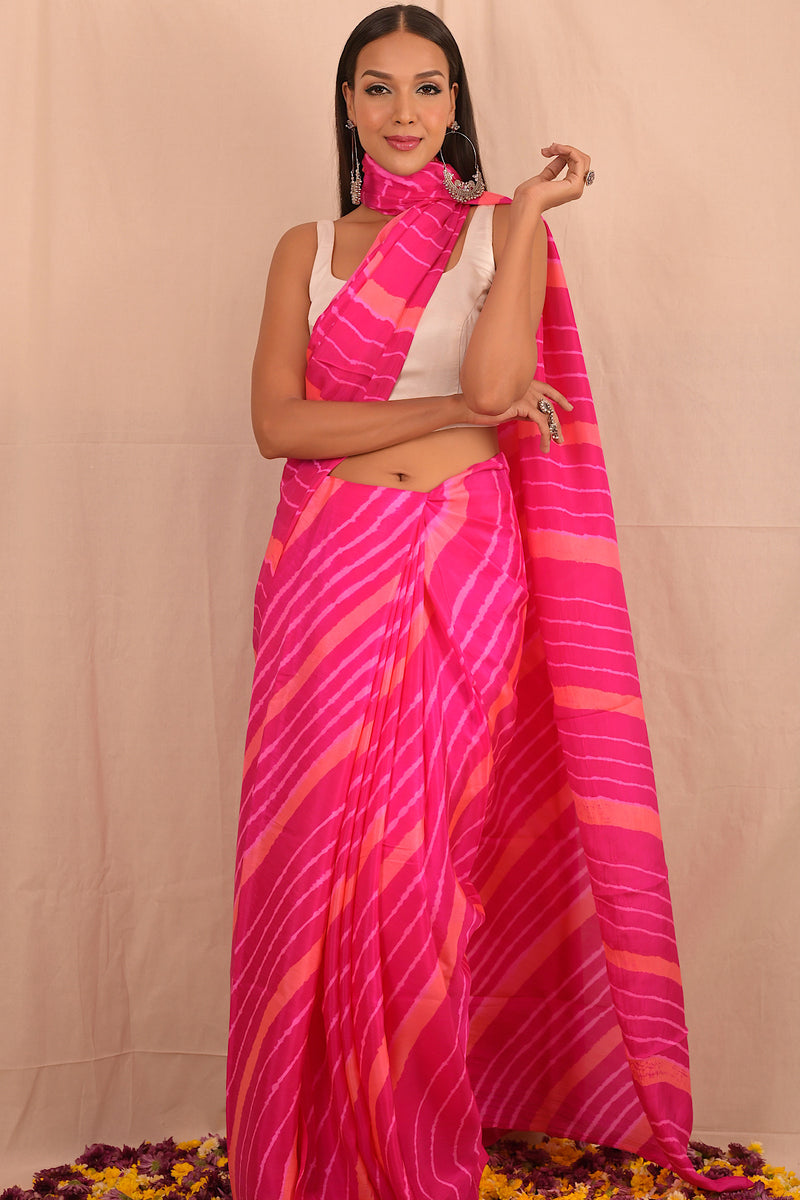 Leheriya - Hot Pink Orange Mulberry Silk Saree