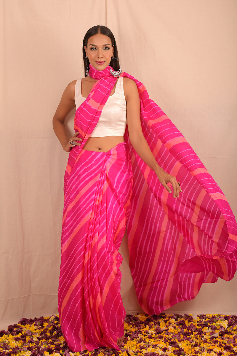 Leheriya - Hot Pink Orange Mulberry Silk Saree