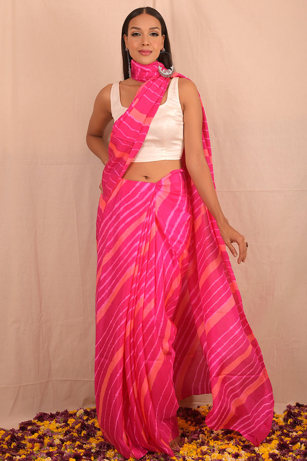 Leheriya - Hot Pink Orange Mulberry Silk Saree