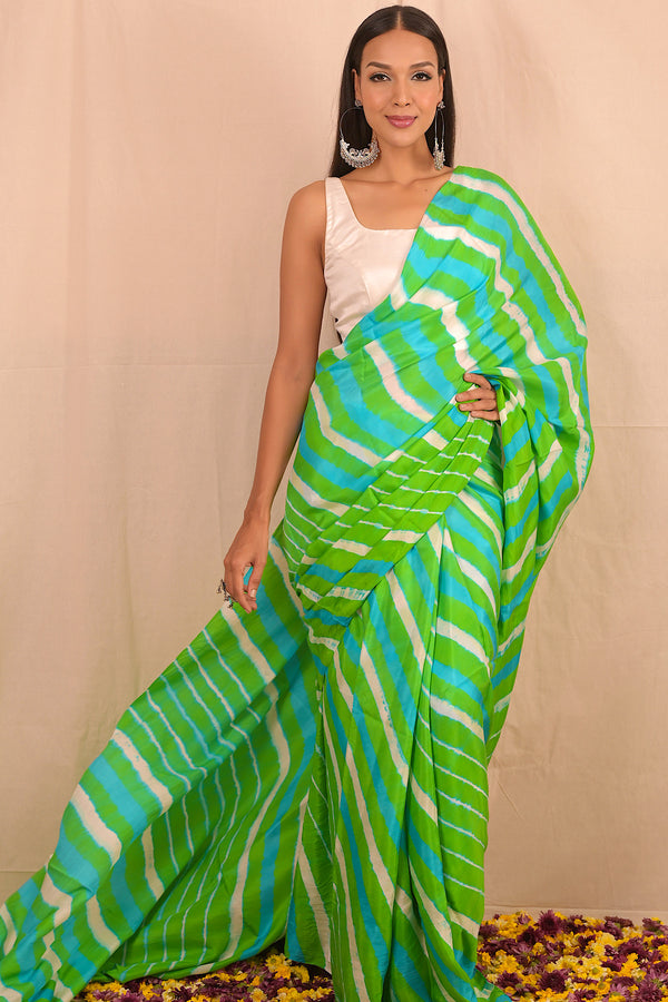 Leheriya - Parrot Green White Mulberry Silk Saree