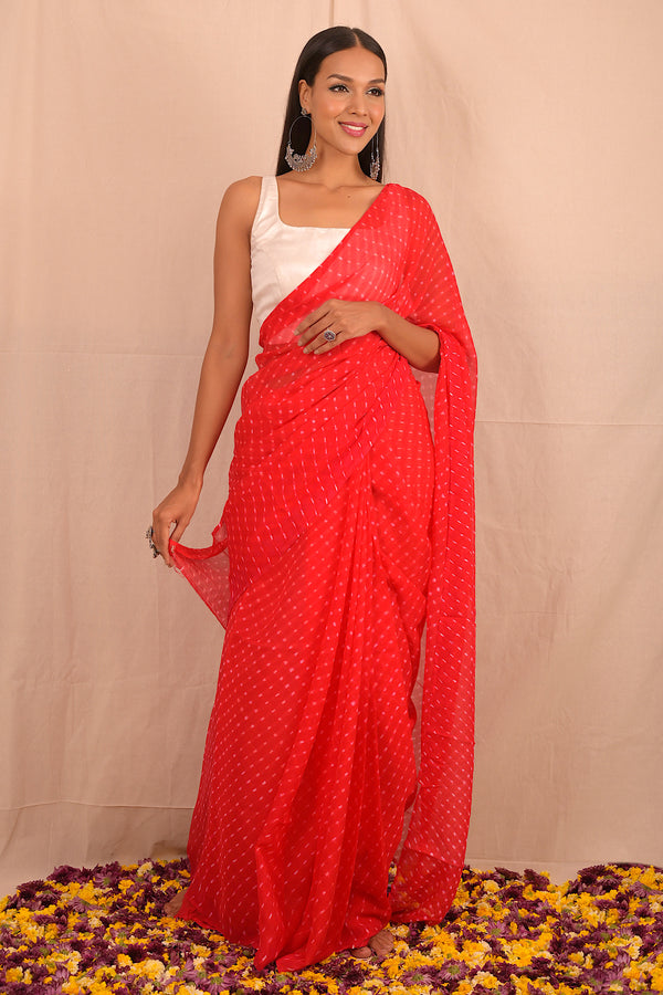 Leheriya - Vermilion Red Chiffon Saree