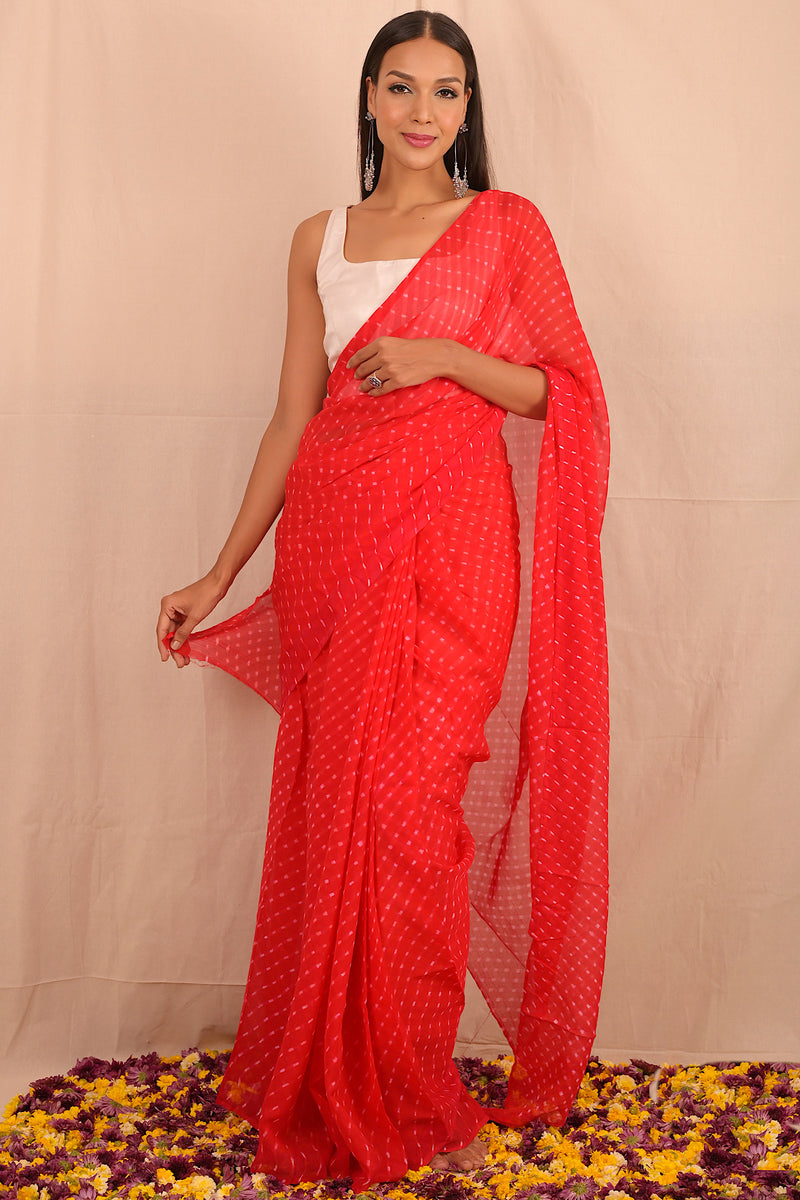 Leheriya - Vermilion Red Chiffon Saree