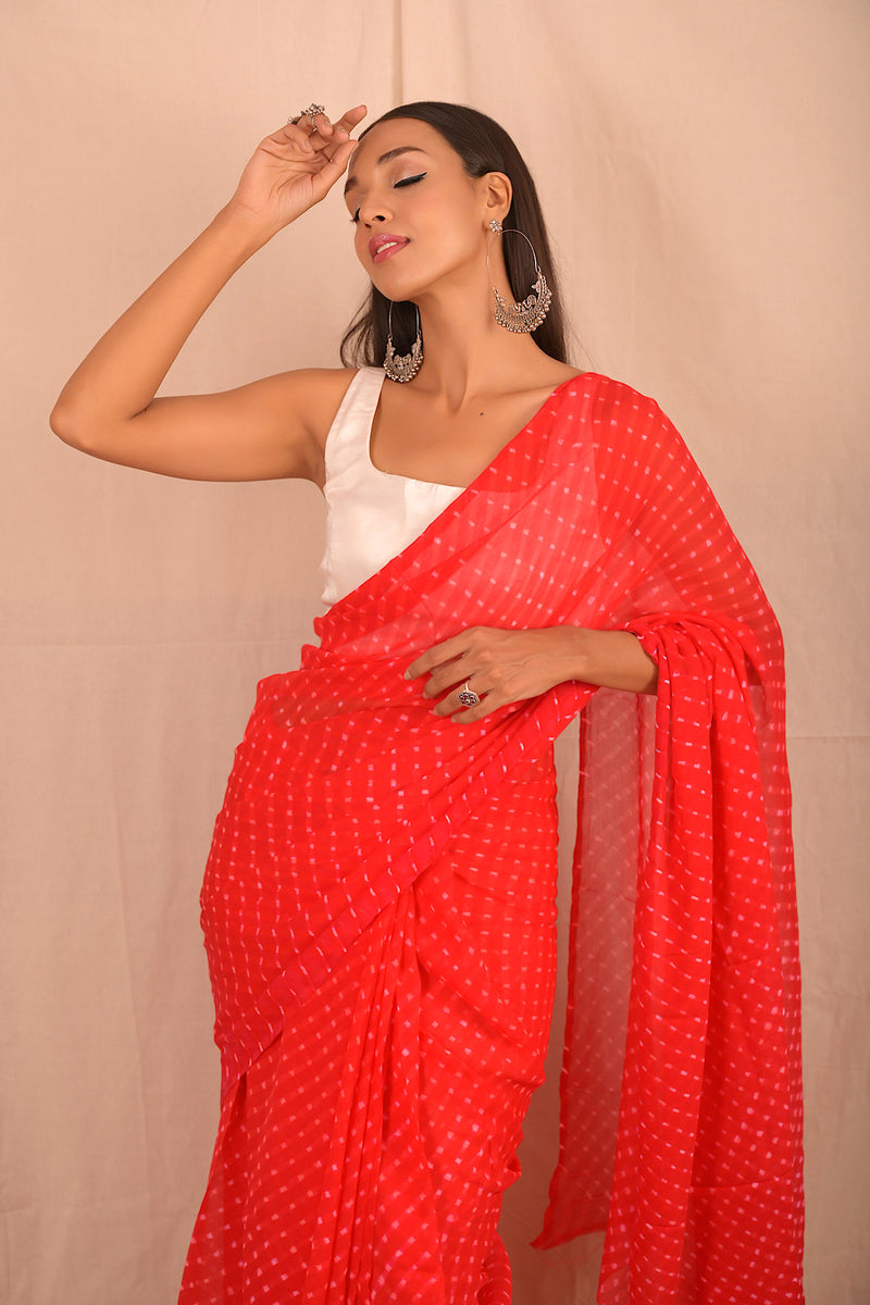 Leheriya - Vermilion Red Chiffon Saree