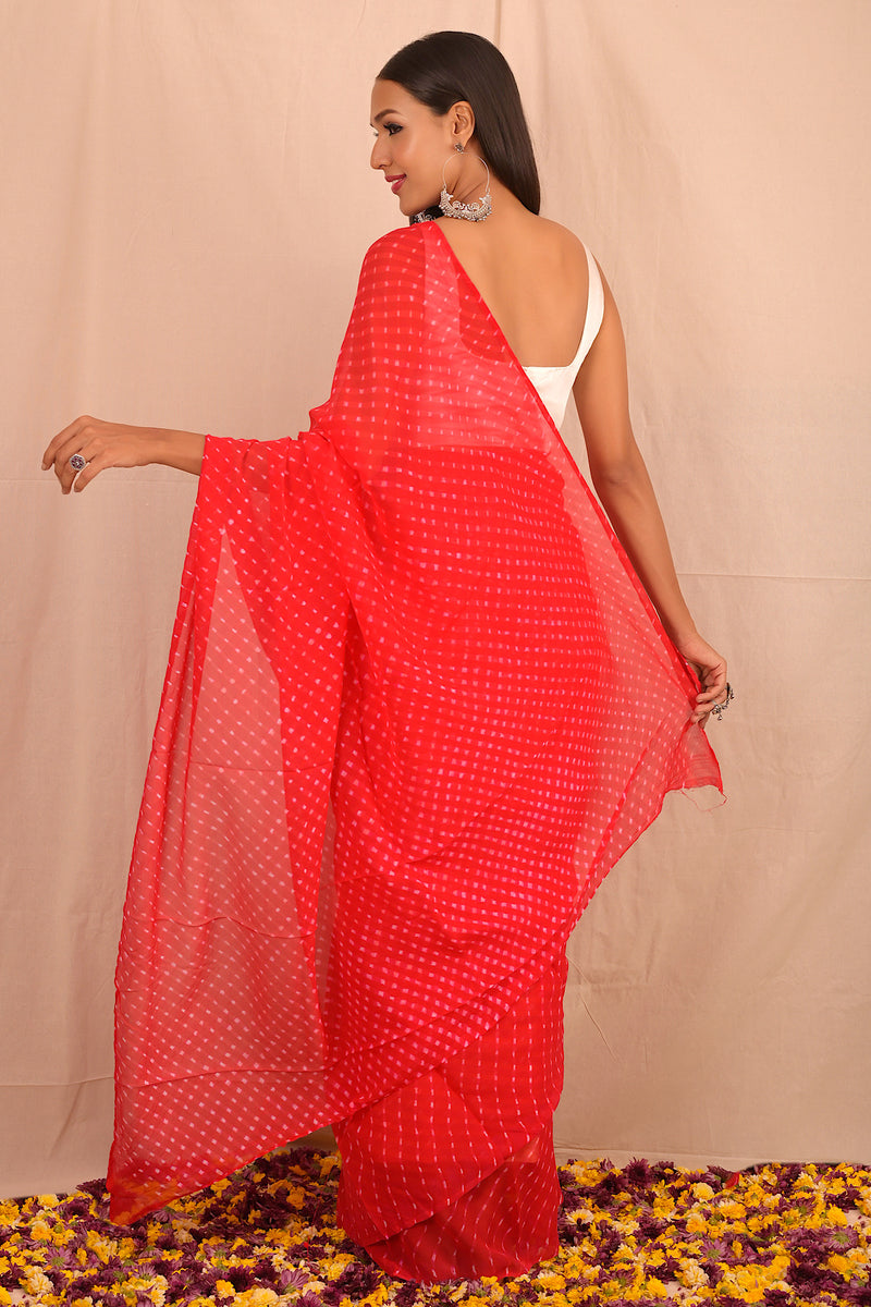 Leheriya - Vermilion Red Chiffon Saree