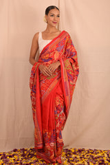 Handembroidered Kantha Silk Saree- Red Blue Animal Motif