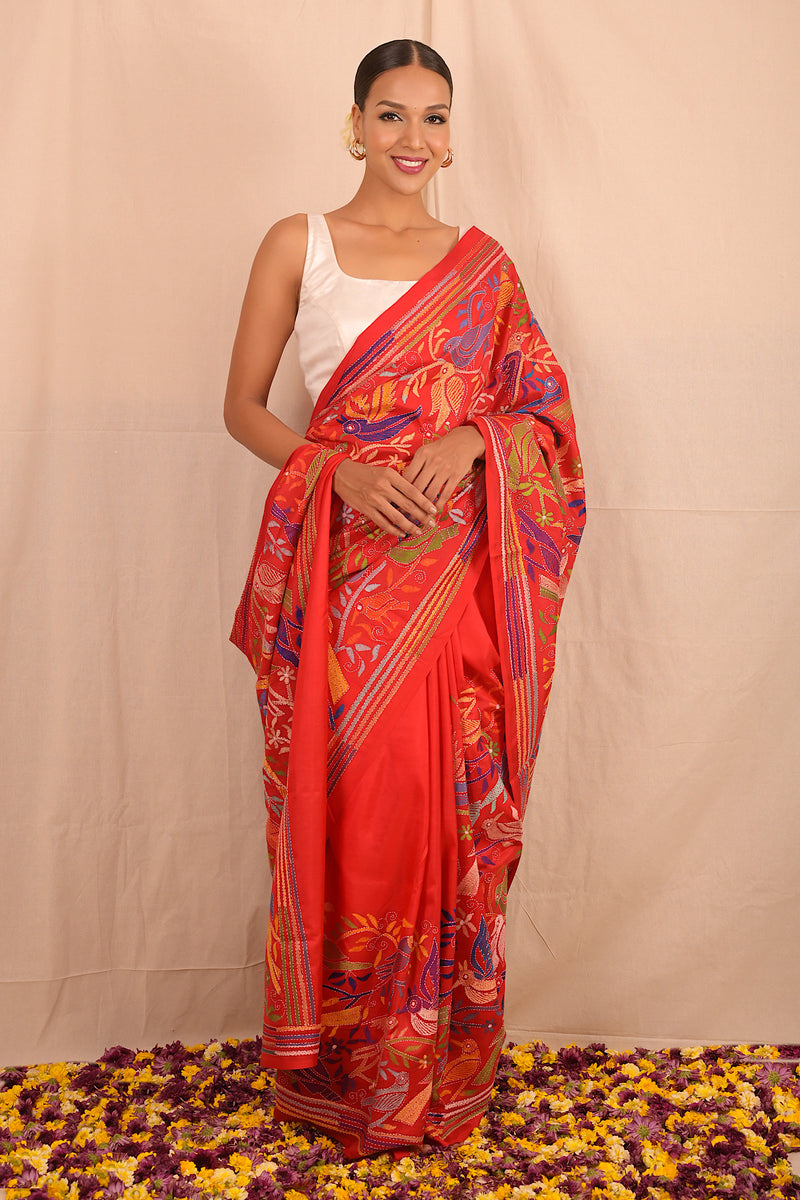 Handembroidered Kantha Silk Saree- Red Blue Animal Motif