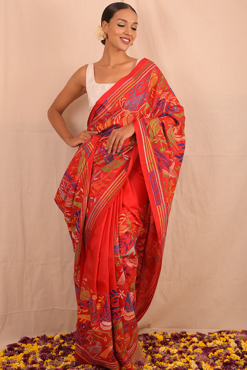 Handembroidered Kantha Silk Saree- Red Blue Animal Motif