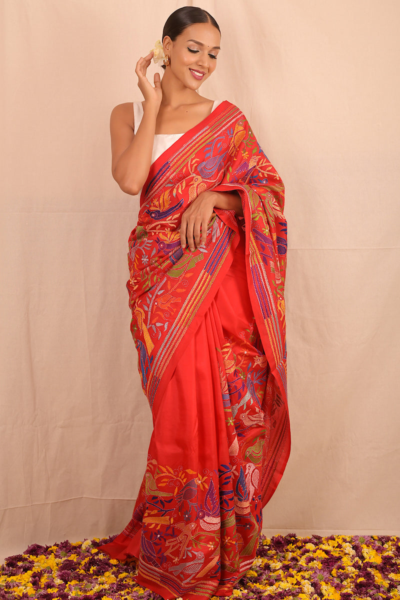 Handembroidered Kantha Silk Saree- Red Blue Animal Motif