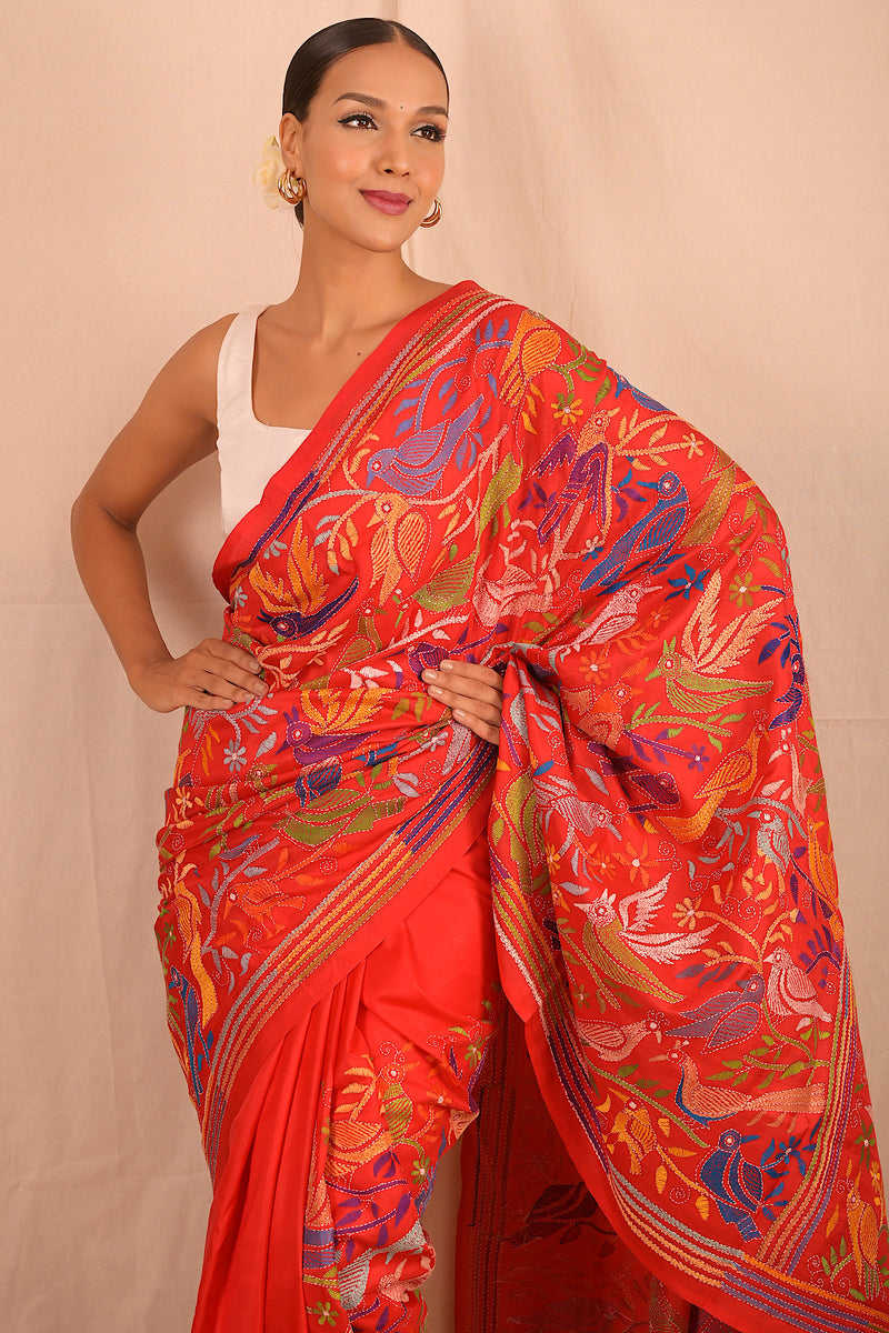 Handembroidered Kantha Silk Saree- Red Blue Animal Motif