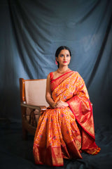 Mango Yellow & Red Kanchi Border Handloom Double Ikat Saree - Vaarasa