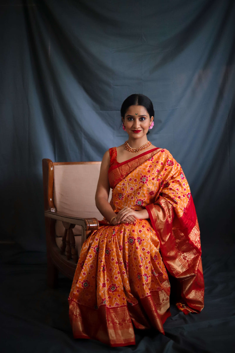 Mango Yellow & Red Kanchi Border Handloom Double Ikat Saree - Vaarasa