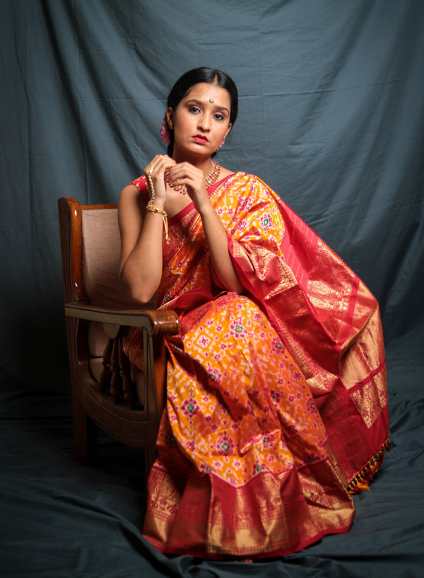 Double Ikat Mango Yellow & Red Kanchi Border Handloom Saree