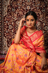 Mango Yellow & Red Kanchi Border Handloom Double Ikat Saree - Vaarasa