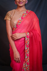 Embroidered Border Ombre Pink Orange Chiffon Saree