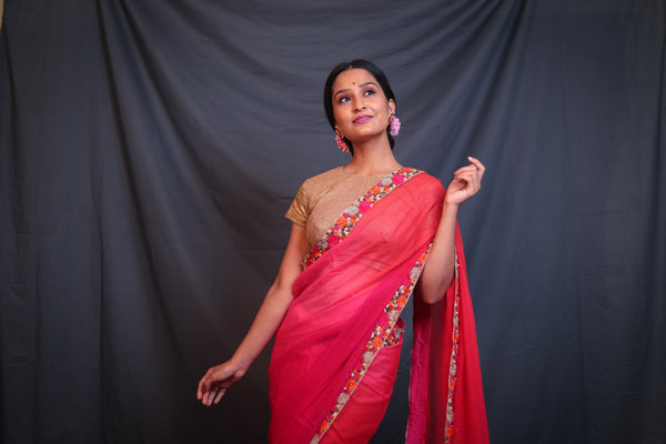 Embroidered Border Ombre Pink Orange Chiffon Saree