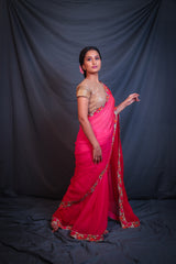 Embroidered Border Ombre Pink Orange Chiffon Saree