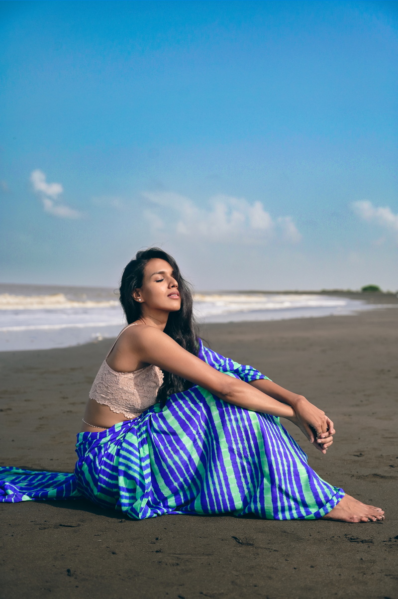 Leheriya - Blue Green Mulberry Silk Saree