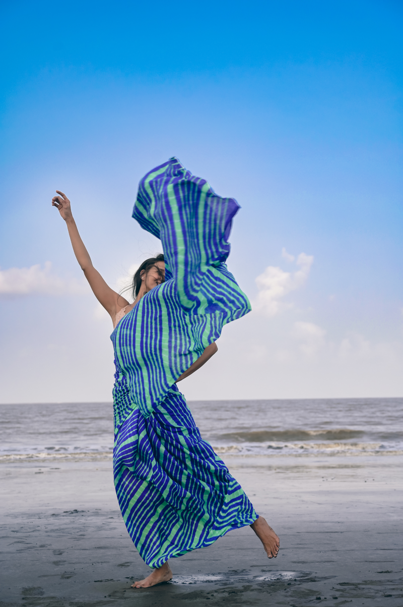 Leheriya - Blue Green Mulberry Silk Saree